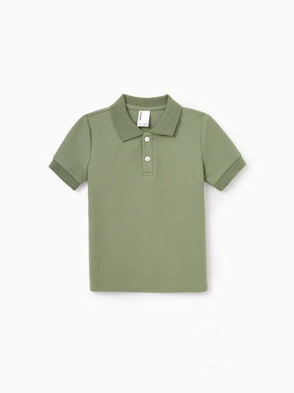 Family Matching Polo Collar Short-sleeve Shirt or V-neck Strappy Mesh Dress  Green