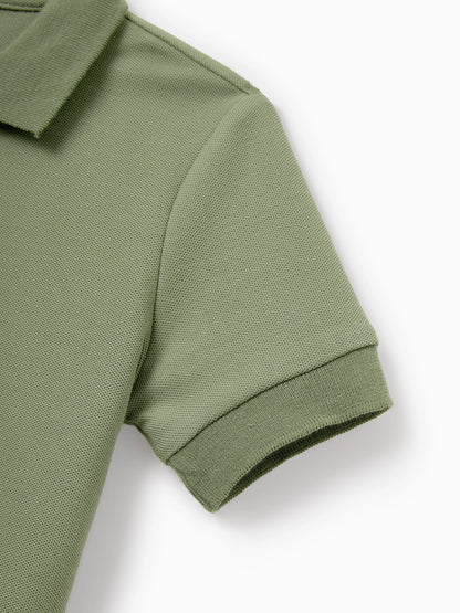Family Matching Polo Collar Short-sleeve Shirt or V-neck Strappy Mesh Dress  Green