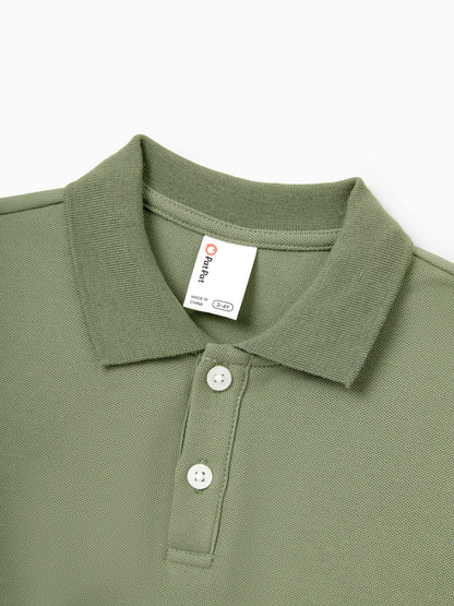 Family Matching Polo Collar Short-sleeve Shirt or V-neck Strappy Mesh Dress  Green
