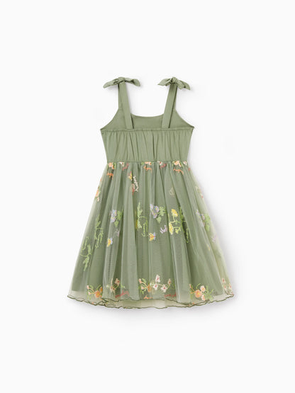 Family Matching Polo Collar Short-sleeve Shirt or V-neck Strappy Mesh Dress  Green
