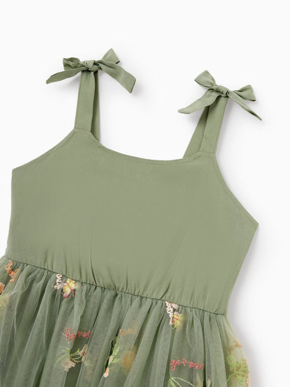 Family Matching Polo Collar Short-sleeve Shirt or V-neck Strappy Mesh Dress  Green