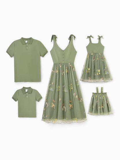 Family Matching Polo Collar Short-sleeve Shirt or V-neck Strappy Mesh Dress  Green
