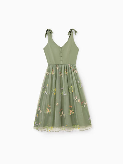 Family Matching Polo Collar Short-sleeve Shirt or V-neck Strappy Mesh Dress  Green