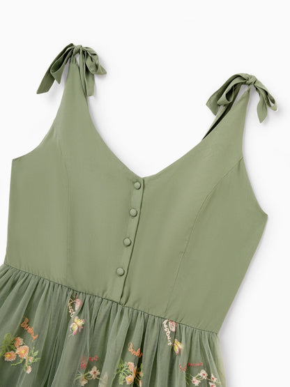 Family Matching Polo Collar Short-sleeve Shirt or V-neck Strappy Mesh Dress  Green
