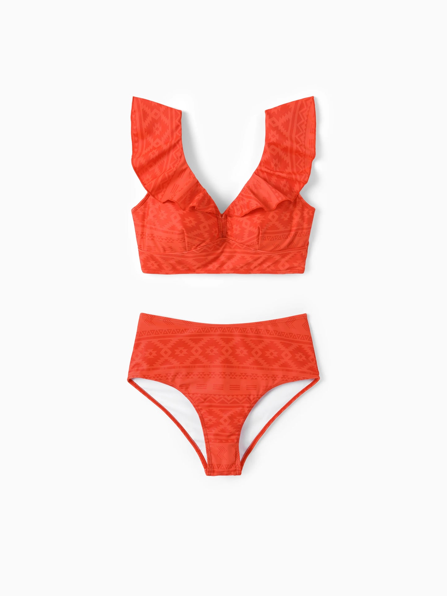 Mommy & Me Tropical Floral Print Ruffle Trim Bikini with Optional Beach Cover-Up Dress Orange