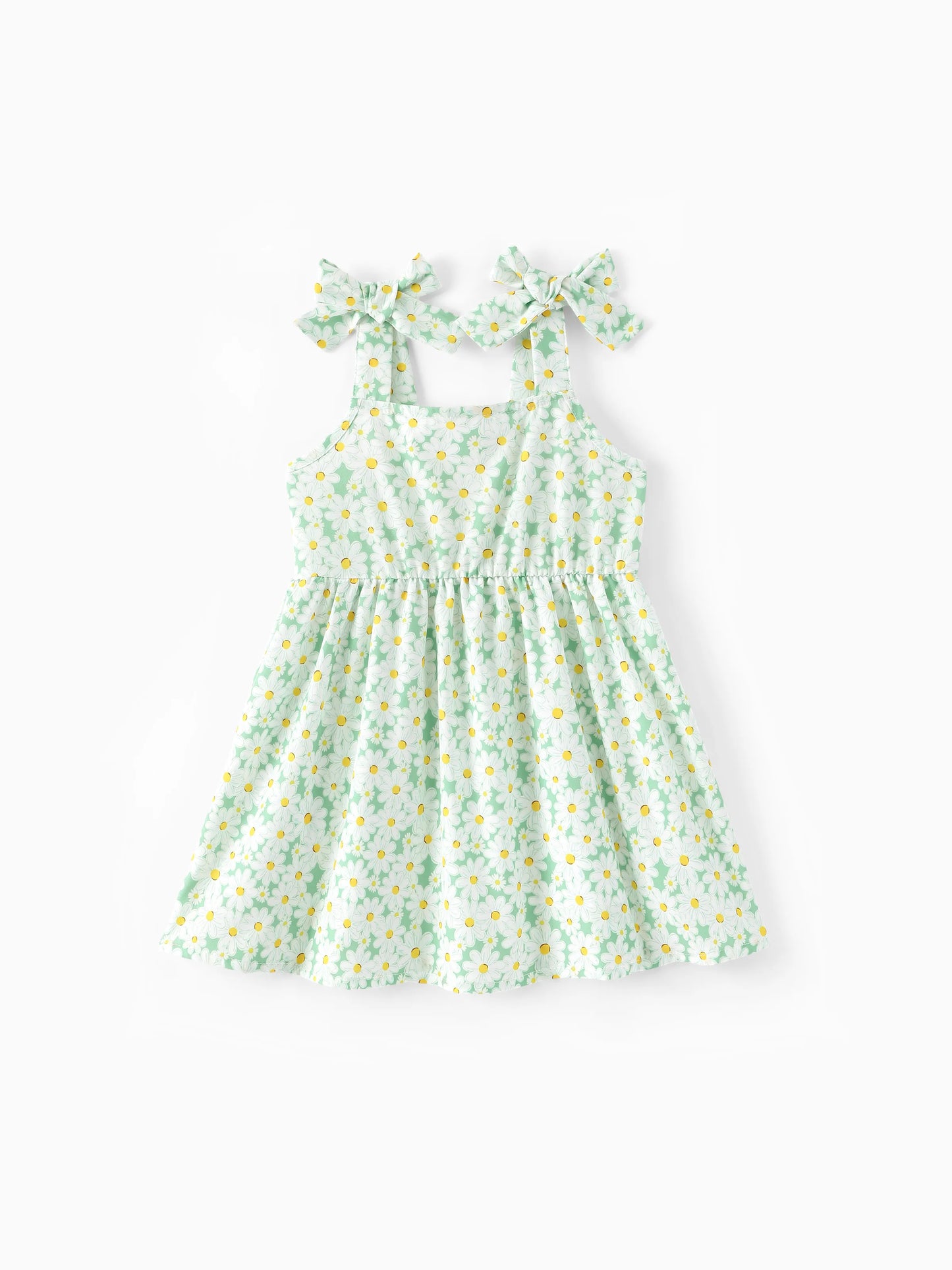 Mommy and Me Floral Dress with Flutter Sleeves Light Green Daisy Print Pale Green