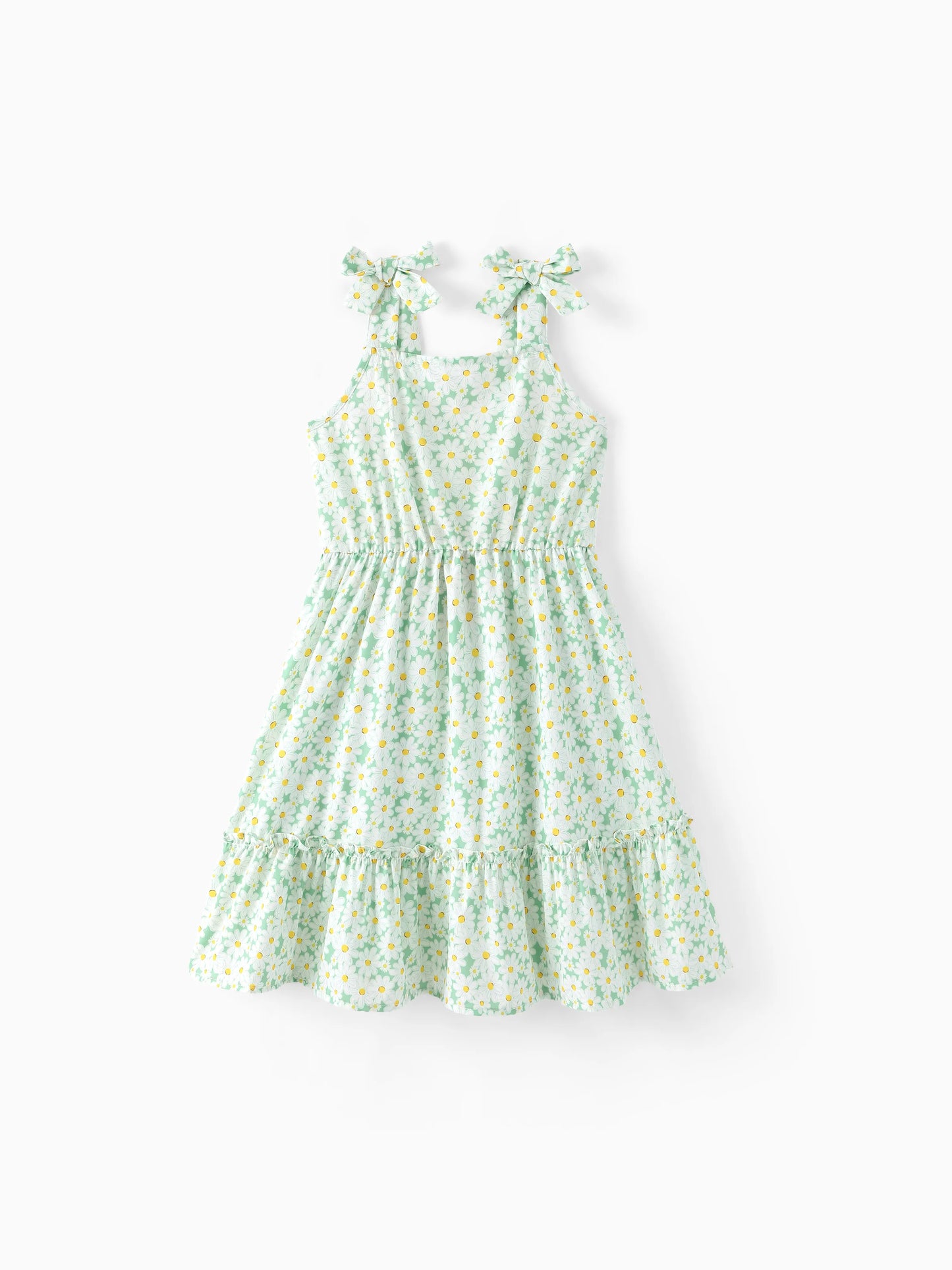 Mommy and Me Floral Dress with Flutter Sleeves Light Green Daisy Print Pale Green