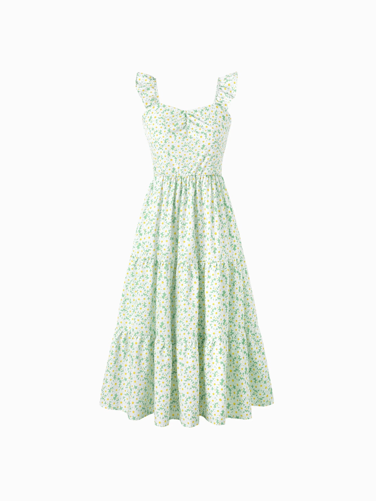 Mommy and Me Floral Dress with Flutter Sleeves Light Green Daisy Print Pale Green