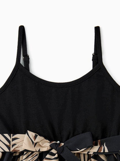 Family Matching Floral Print Belted Cami Dresses And Solid Short Sleeve Tops Sets Black