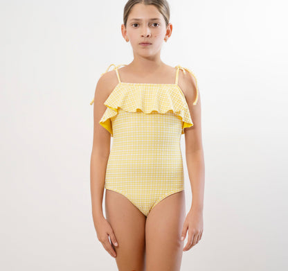 Leonor Cross Back One Piece Swimsuit in Yellow Seersucker