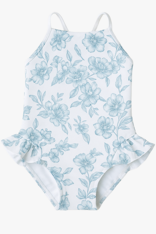 Little Clementine Criss-Cross Back Ruffle One-Piece Swimsuit in Daylight Saunter - FINAL SALE