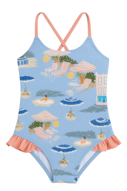 Little Clementine Criss-Cross Back Ruffle One-Piece Swimsuit in Coast to Coast - FINAL SALE