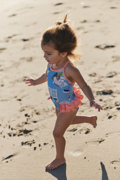Little Clementine Criss-Cross Back Ruffle One-Piece Swimsuit in Coast to Coast - FINAL SALE