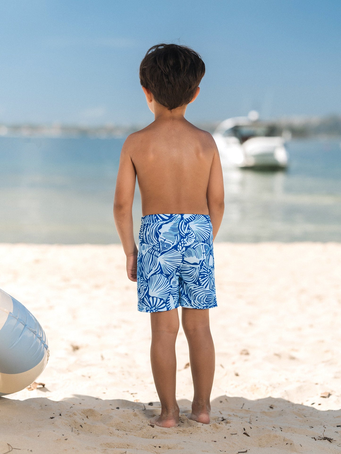 Matching Family Shell Print Swimwear Floral two-piece Bikini & Swim Shorts Set for Mom, Dad, & Kids, Perfect for Beach Days & Pool Parties Blue