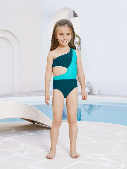 Family Matching Colorblock One Shoulder Cut Out One-piece Swimsuit and Striped Spliced Swim Trunks Shorts DeepTurquoise