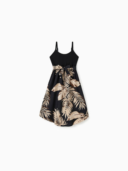 Family Matching Floral Print Belted Cami Dresses And Solid Short Sleeve Tops Sets Black