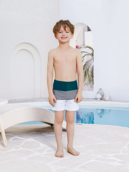 Family Matching Colorblock One Shoulder Cut Out One-piece Swimsuit and Striped Spliced Swim Trunks Shorts DeepTurquoise