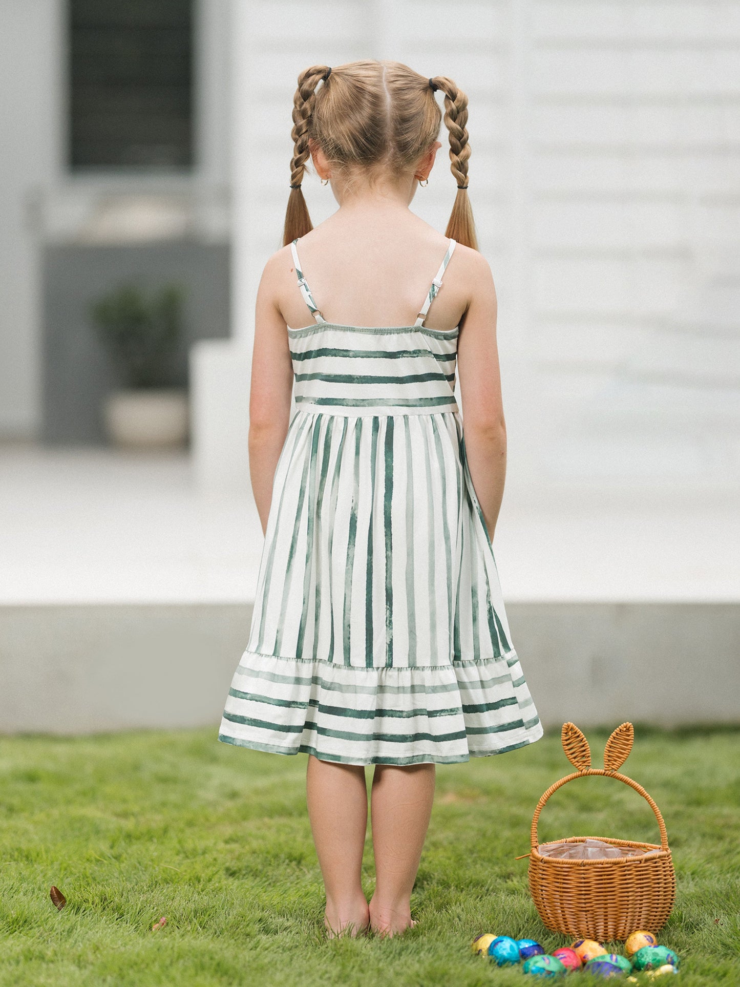 Mommy & me Cotton Outfits Set Green Striped T-Shirt and Dress Set for Dad, Mom, Kids & Baby, Perfect for Summer Family Outings & Photos Green