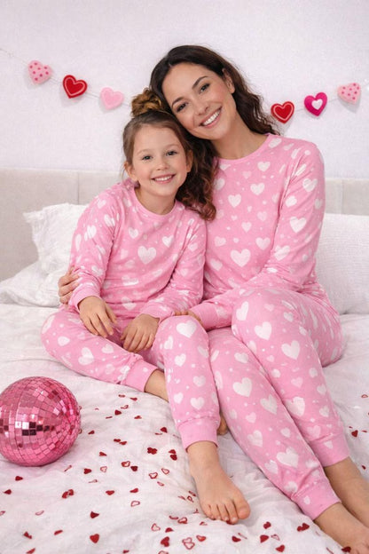 Mommy and Me Pink Heart Long Sleeve Matching Pajama Set