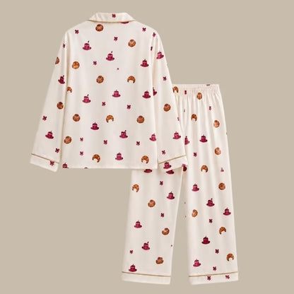 Mommy And Me Cream Croissant Print Satin Matching Pajama Set