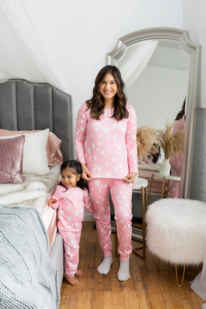 Mom and Baby Matching Pink Heart Pajama Set Long Sleeve Sleepwear
