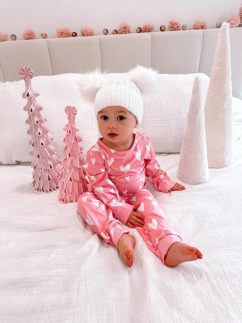 Mom and Baby Matching Pink Heart Pajama Set Long Sleeve Sleepwear