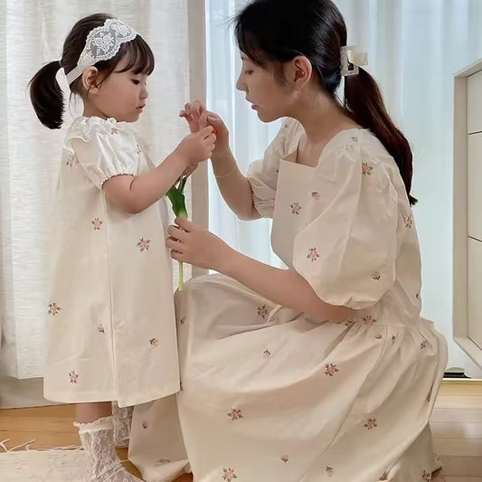 Mommy And Me Embroidered Floral Puff Sleeve Matching Dress Set
