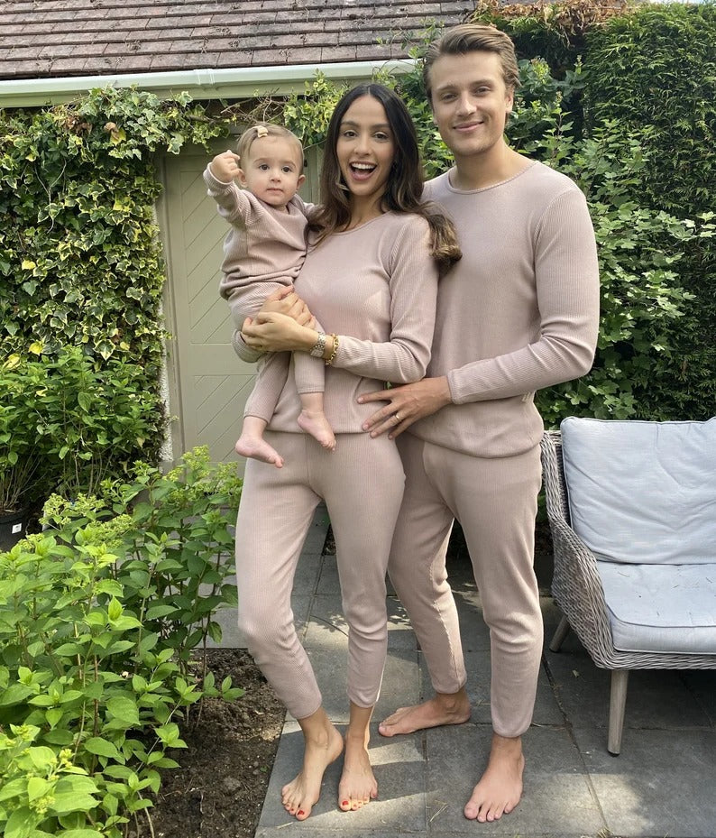 Family Matching Ribbed Knit Long Sleeve Top And Pants Loungewear Sets