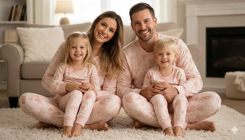 Family Matching Pink Heart Pajama Set Long Sleeve Top And Pants Sleepwear