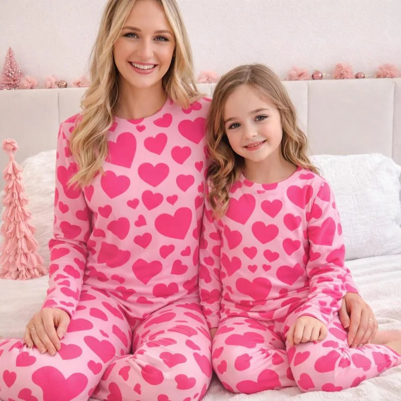 Mommy and Me Pink Heart Long Sleeve Matching Pajama Set