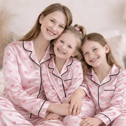 Mommy And Me Pink Heart Print Satin Matching Pajama Sets