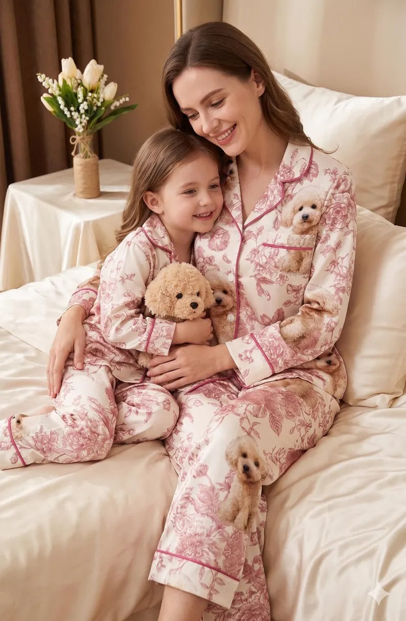 Mommy And Me Puppy Floral Satin Matching Pajama Sets