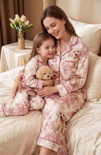 Mommy And Me Puppy Floral Satin Matching Pajama Sets