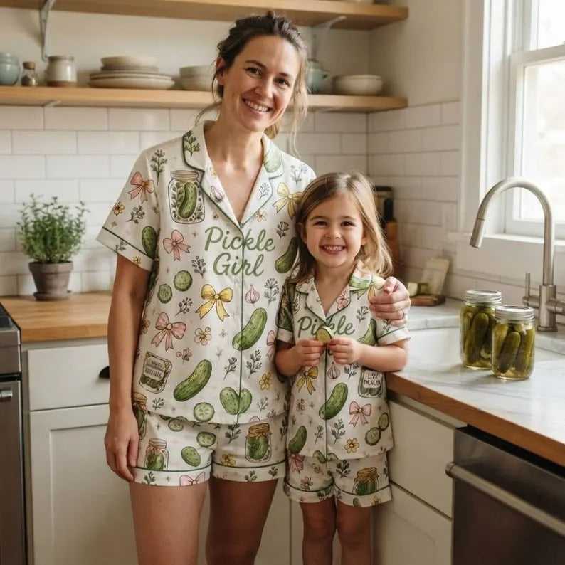 Mommy And Me Pickle Print Button Front Matching Pajama Set