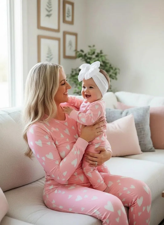 Mom and Baby Matching Pink Heart Pajama Set Long Sleeve Sleepwear