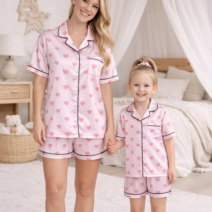 Mommy And Me Pink Heart Print Satin Matching Pajama Sets