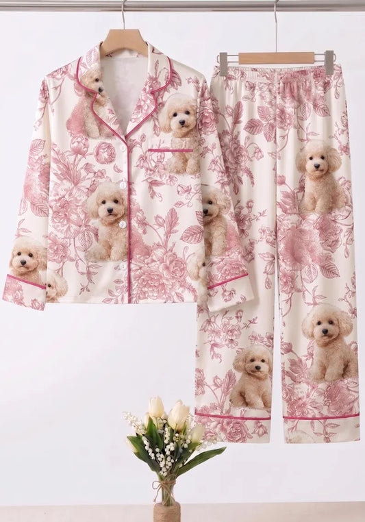 Mommy And Me Puppy Floral Satin Matching Pajama Sets