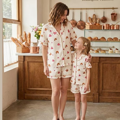 Mommy And Me Cream Croissant Print Satin Matching Pajama Set