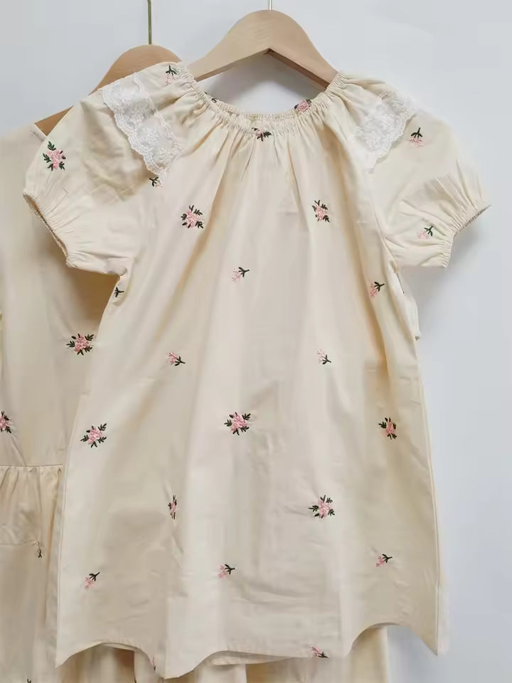 Mommy And Me Embroidered Floral Puff Sleeve Matching Dress Set