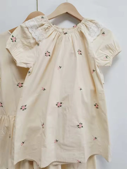 Mommy And Me Embroidered Floral Puff Sleeve Matching Dress Set