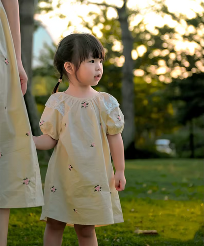 Mommy And Me Embroidered Floral Puff Sleeve Matching Dress Set