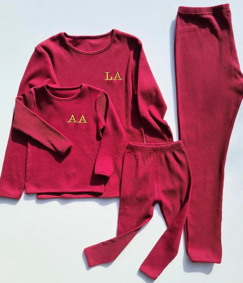 Family Matching Ribbed Knit Long Sleeve Top And Pants Loungewear Sets