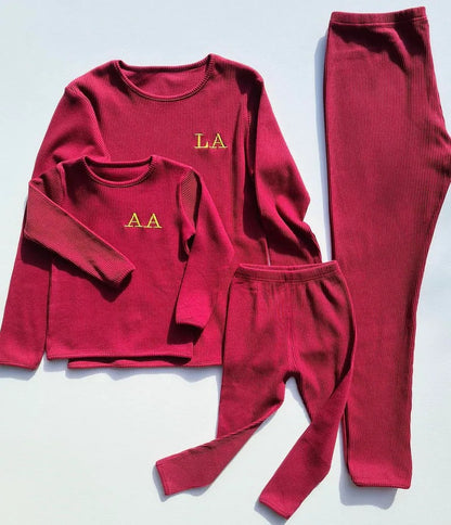 Family Matching Ribbed Knit Long Sleeve Top And Pants Loungewear Sets