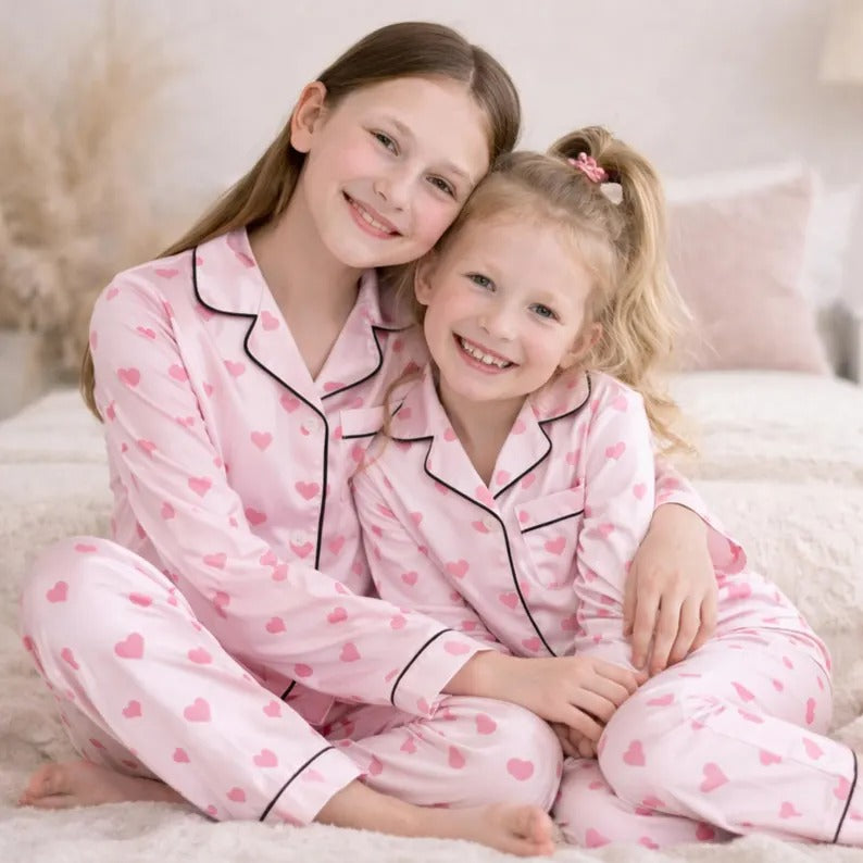 Mommy And Me Pink Heart Print Satin Matching Pajama Sets