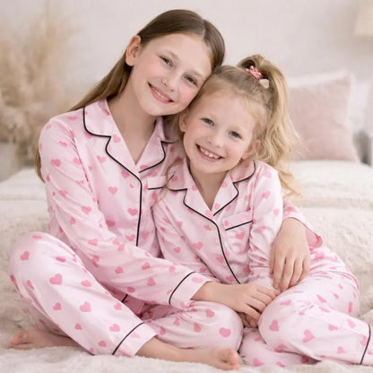 Mommy And Me Pink Heart Print Satin Matching Pajama Sets