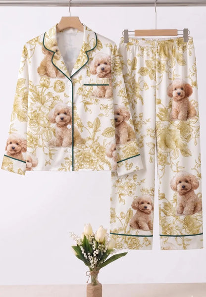 Mommy And Me Puppy Floral Satin Matching Pajama Sets