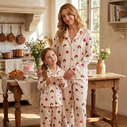 Mommy And Me Cream Croissant Print Satin Matching Pajama Set