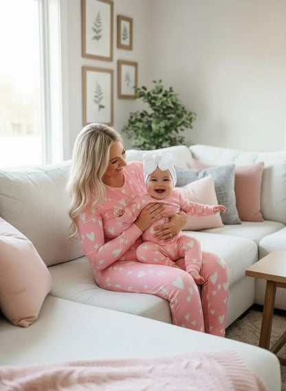 Mom and Baby Matching Pink Heart Pajama Set Long Sleeve Sleepwear