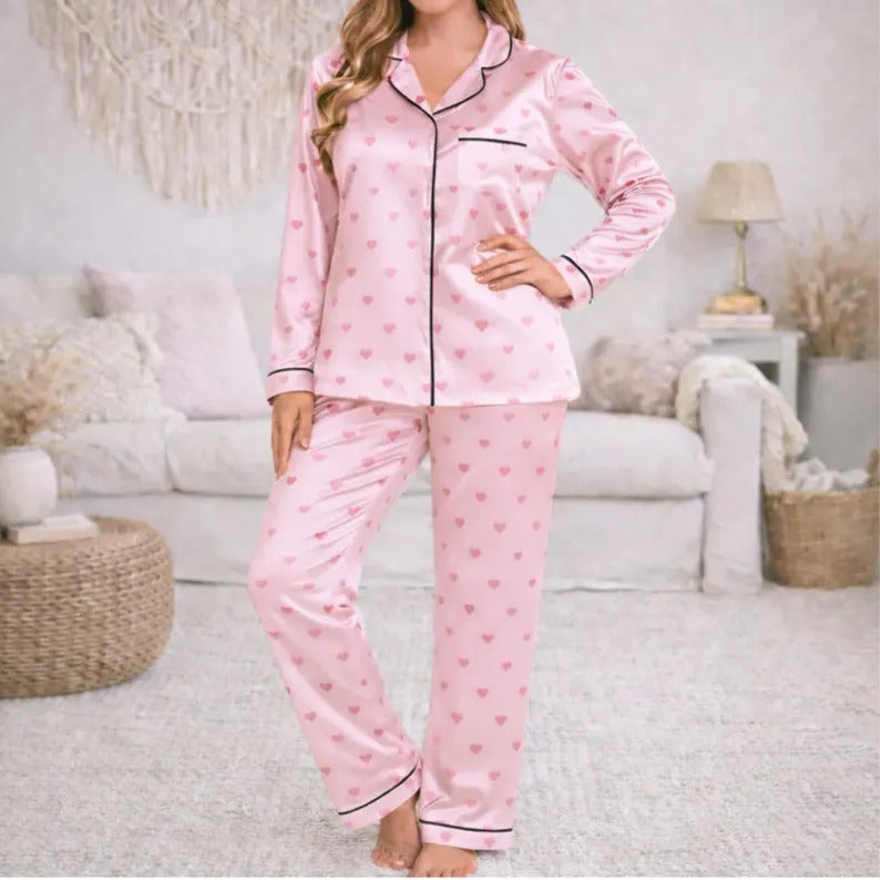 Mommy And Me Pink Heart Print Satin Matching Pajama Sets