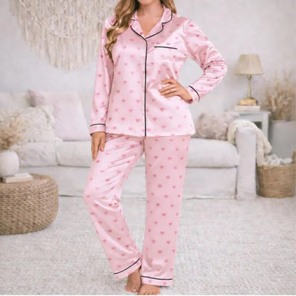 Mommy And Me Pink Heart Print Satin Matching Pajama Sets